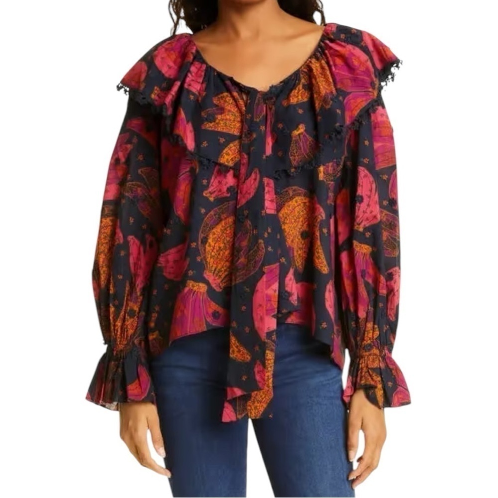 Farm Rio Patchwork Bananas Ruffle V-Neck Blouse Blue Pink Cotton Boho Womens Sm